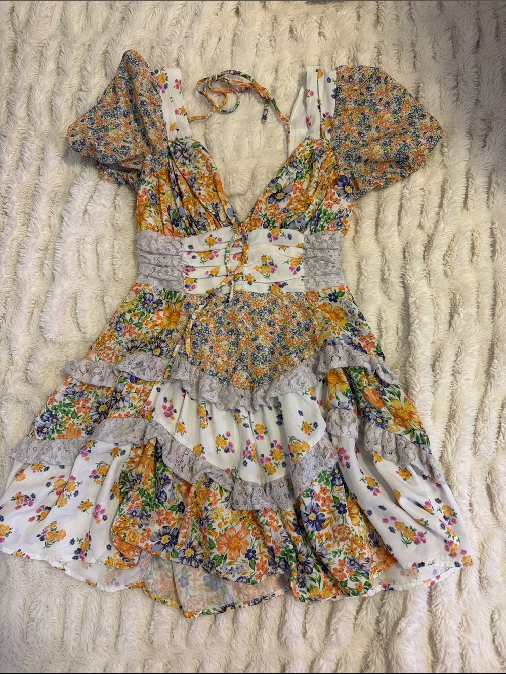 Altar'd State White & Yellow Floral Ruffle Tiered women’s ' Dress. Tare shown.